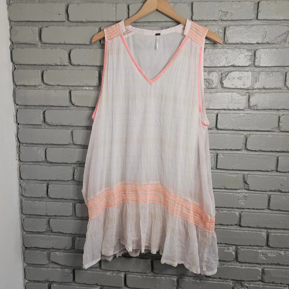 Free People White Cotton Gauze Embroidered Neon Orange Tunic Top Size‎ M Boho